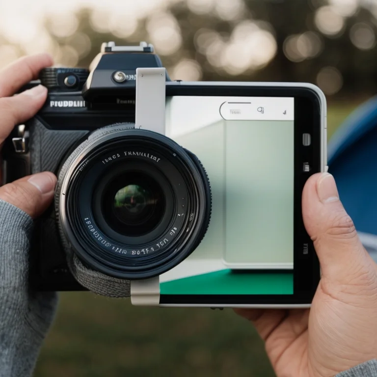 A photographer unpacking a camera from a backpack outdoors